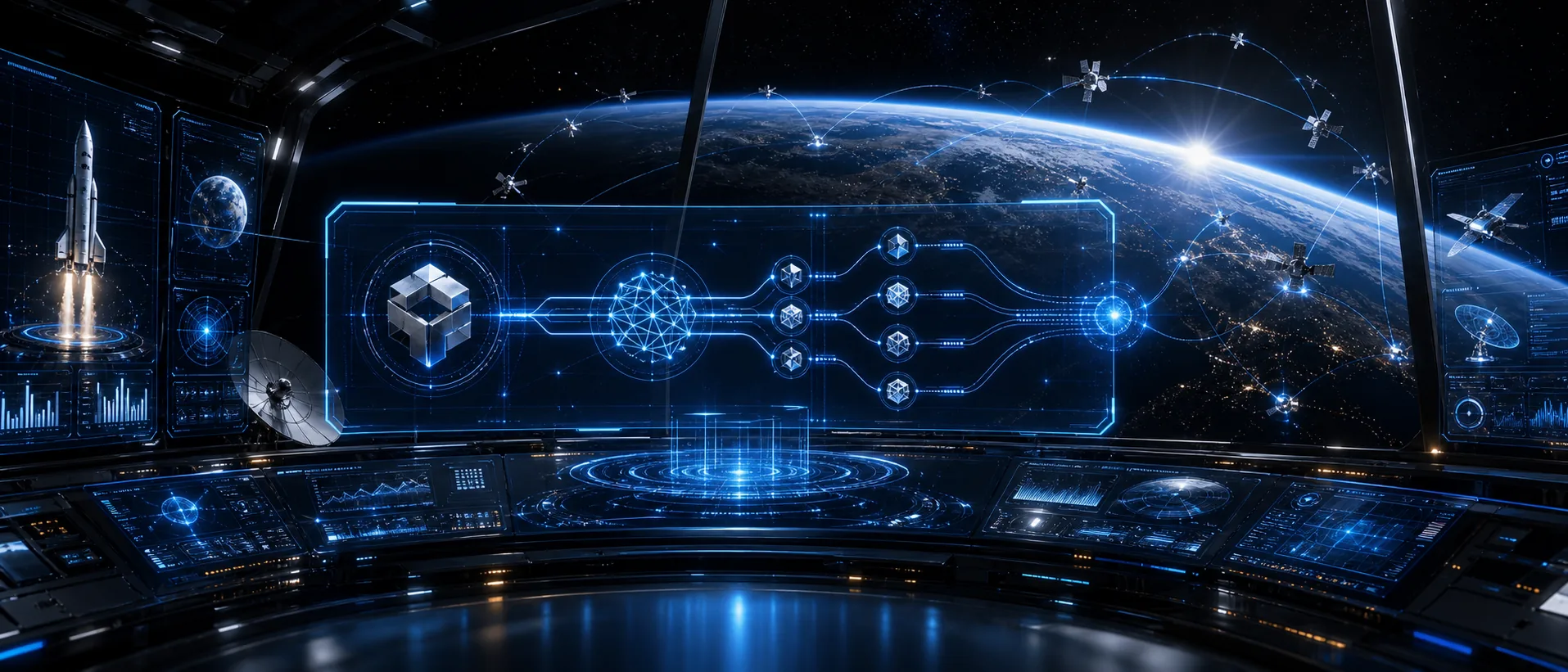 Orbital command interface showing Grok payment routes around Earth