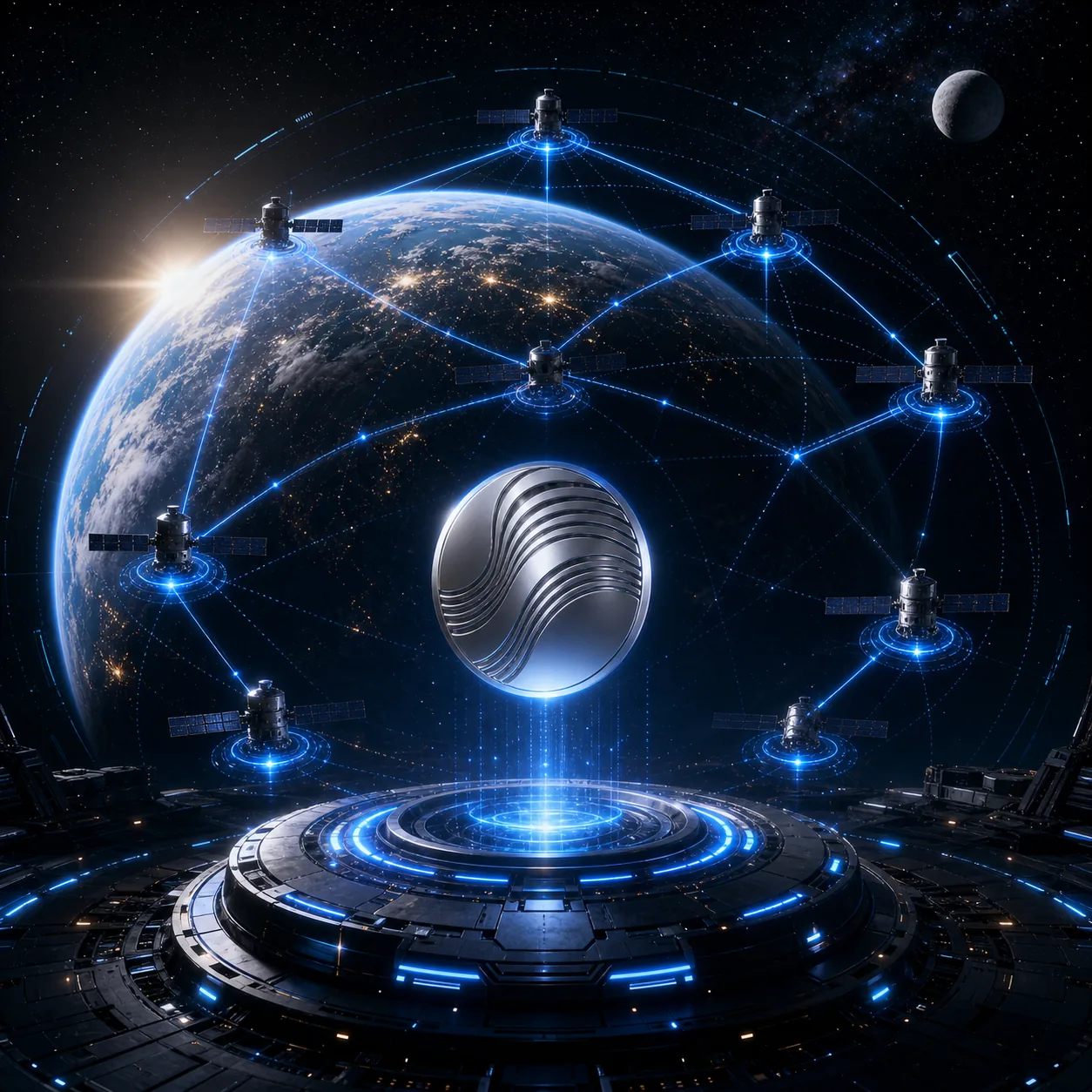 Satellite network around Earth representing Grok multi-chain settlement